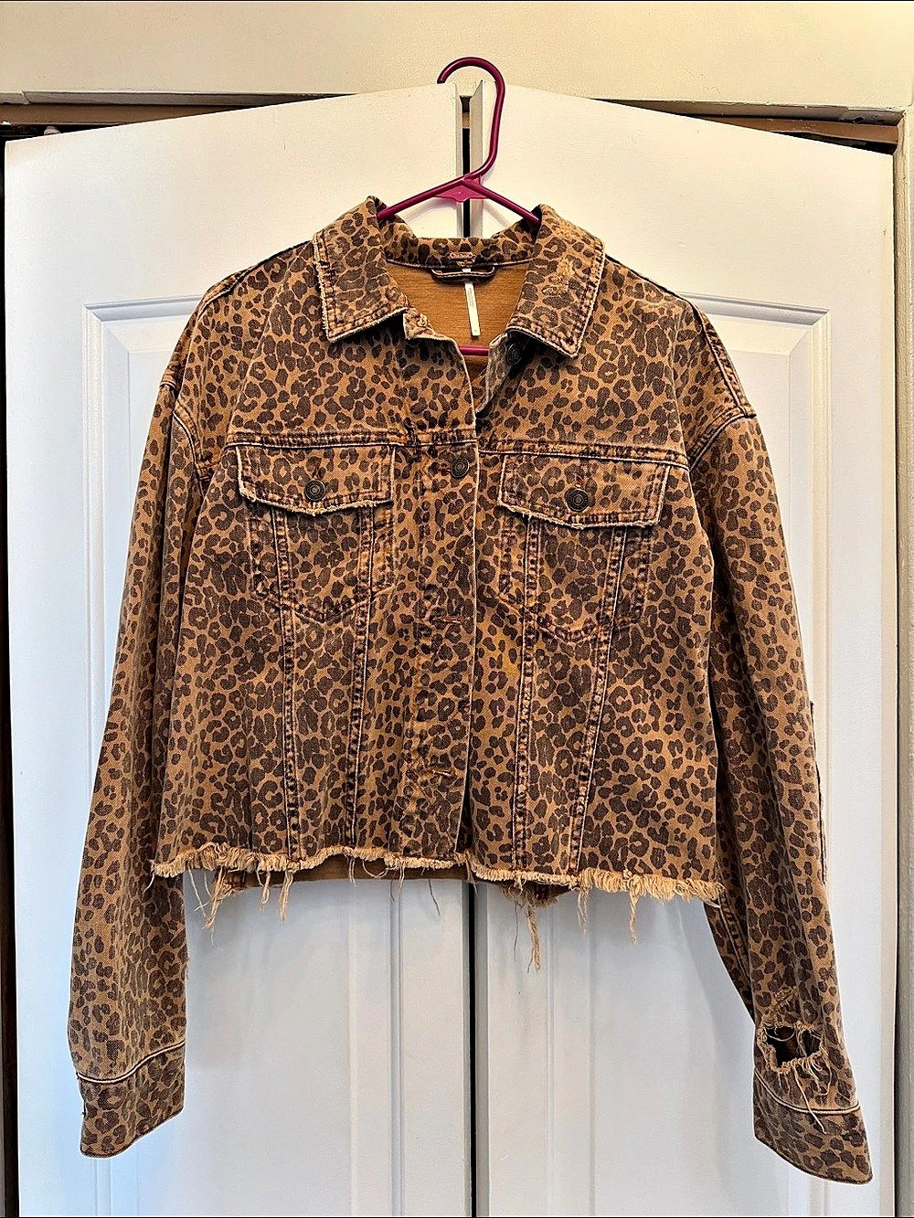 Free People Cheetah Printed Denim Jacket Brown & Black Small